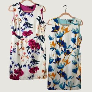 Lot Of 2 Lands End Colorful Floral Sheath Dresses 10P Sleeveless Ponte Knit